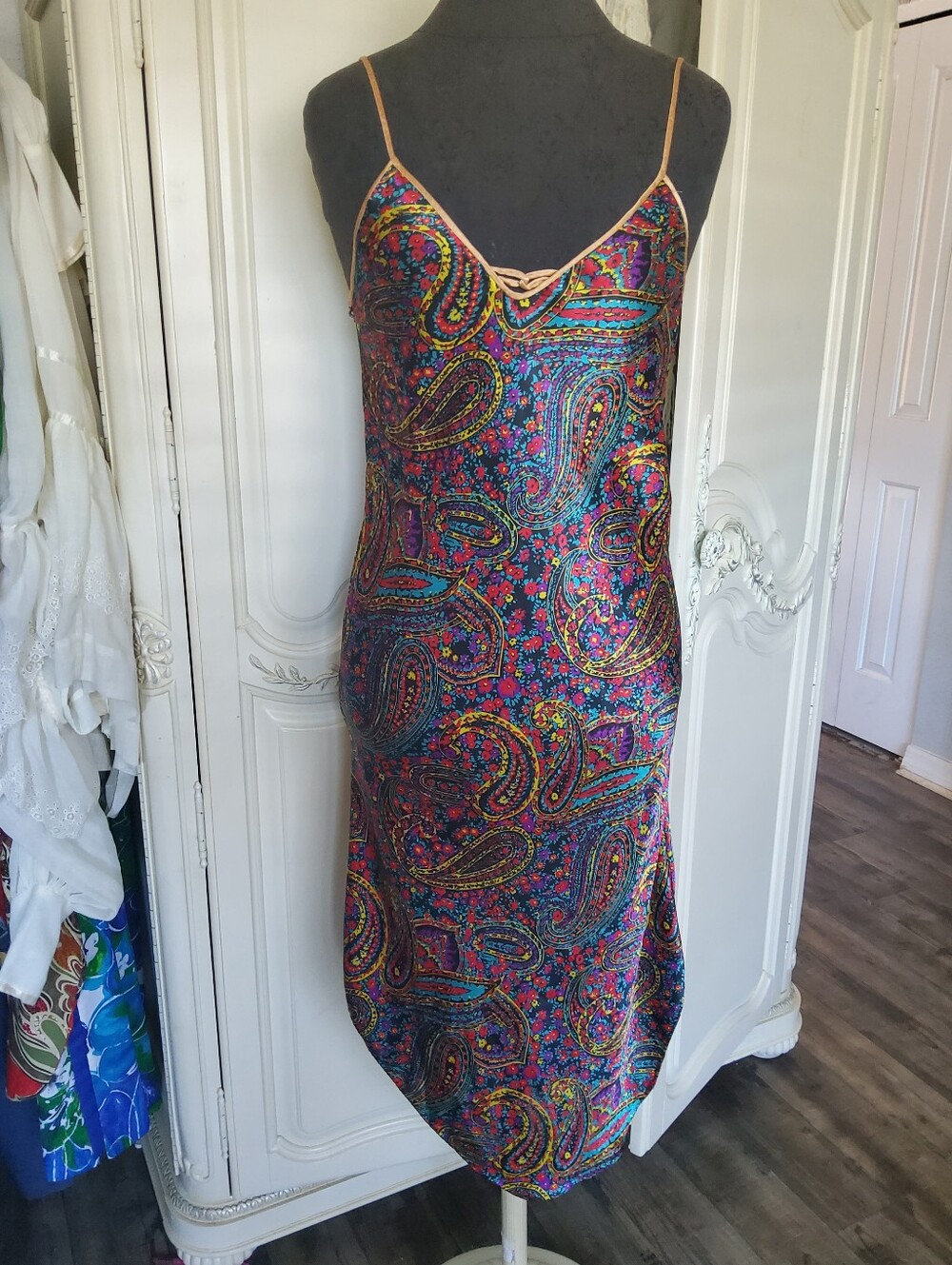 90s Satin Slinky Paisley Print Slip Dress in Multicolor